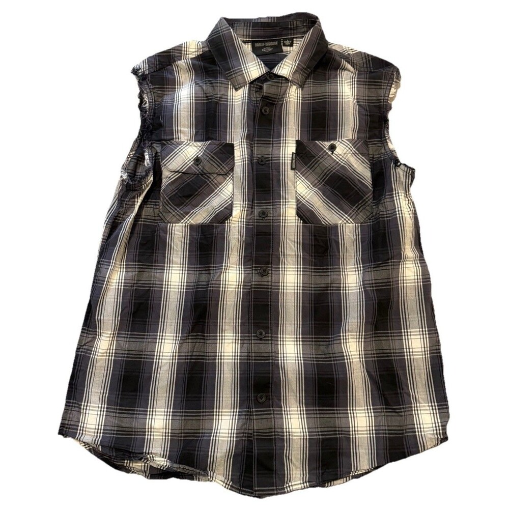 Harley-Davidson Plaid Sleeveless Cutoff Button Up Motorcycle Shirt Mens Large